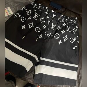 Louis Vuitton Black & White Logo Print Swim Shorts